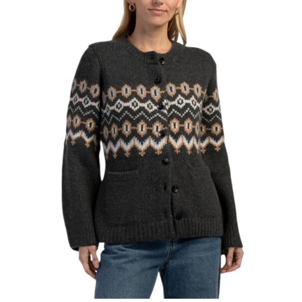 Elie Tahari Cashmere Oslo Fair Isle Charcoal, Beige, White, Patterned Cardigan